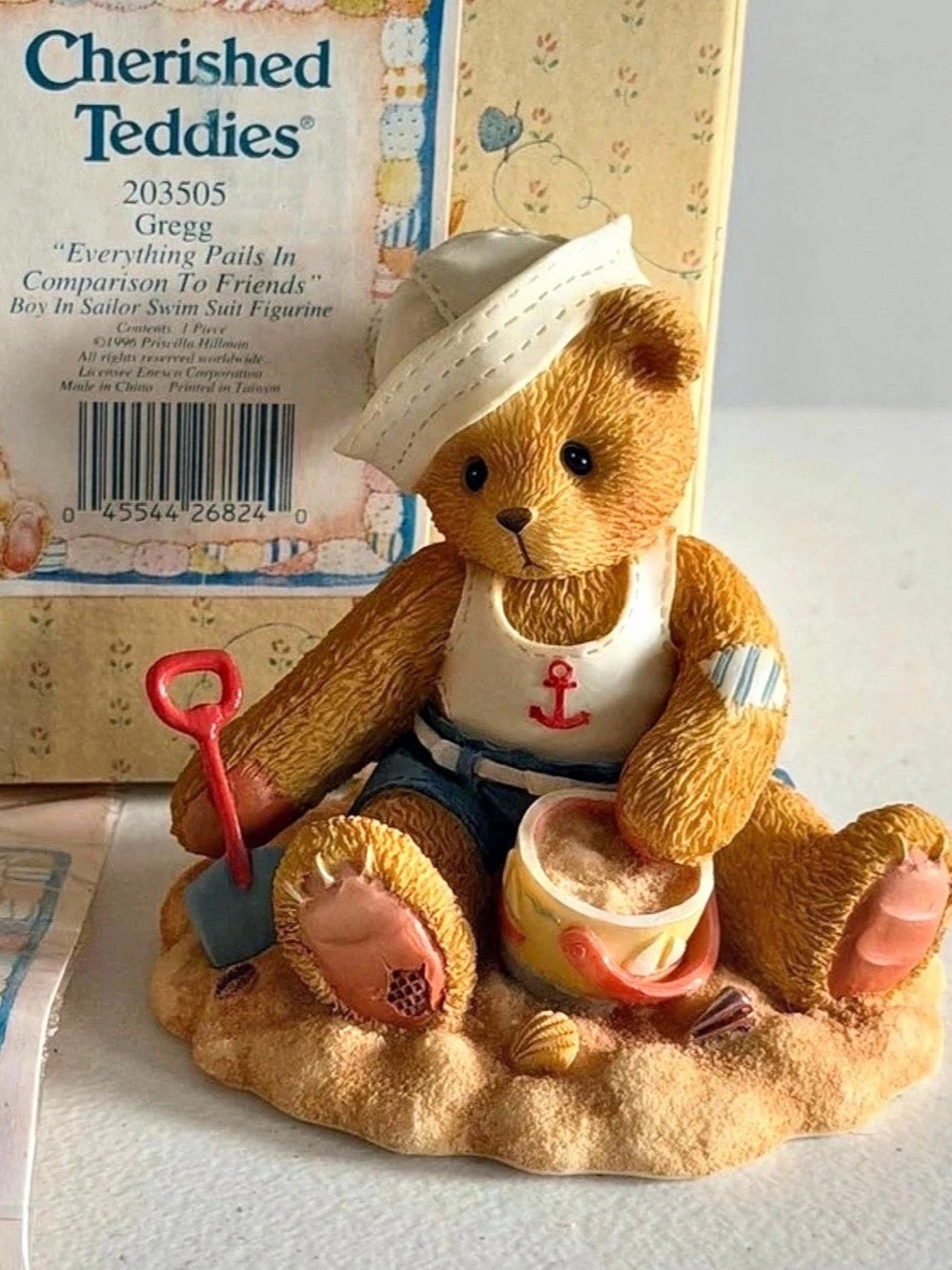 Cherished Teddies Gregg Bear Figurine with Original Box Beach and Sand base